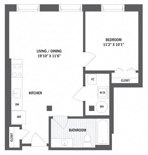 Floor plan for 1 bed, 1 bath, 565 sqft